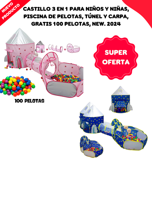 Castillo + 100 Pelotas 3 En 1 Camping Piscina Túnel Para Niños